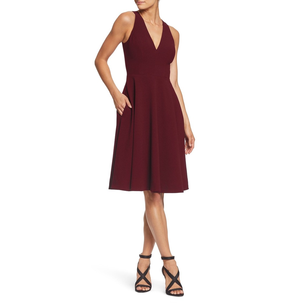 Dress The Population XL Burgundy V-Neck Fit Flare Midi Dress Catalina Party
